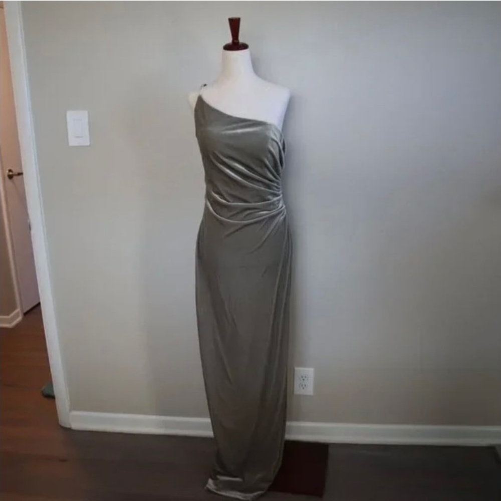 Revelry Sage Green Velvet One Shoulder Bridesmaid Dress Size 8